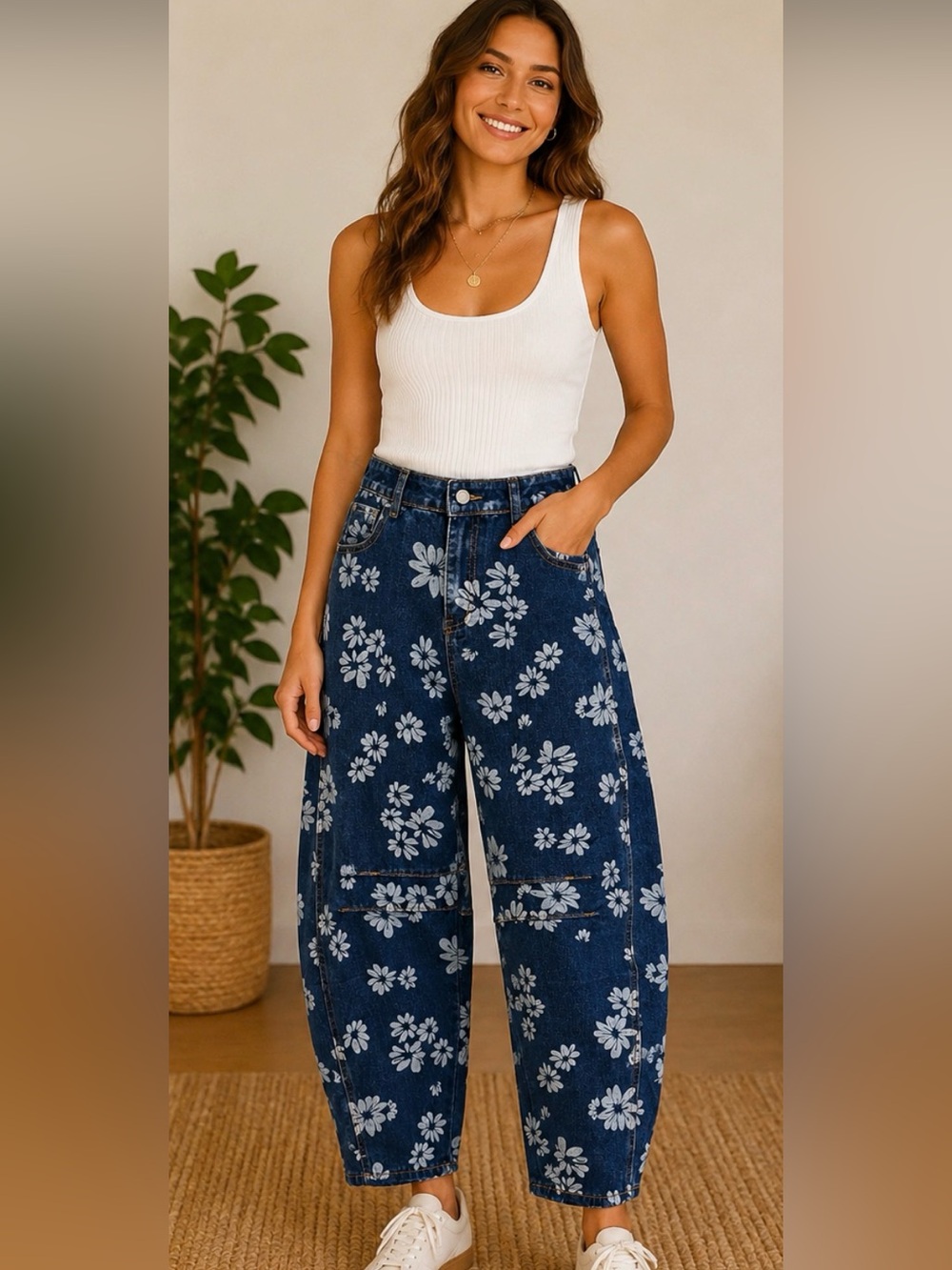 Floral Print Barrel Denim Pants - White on Dark Blue